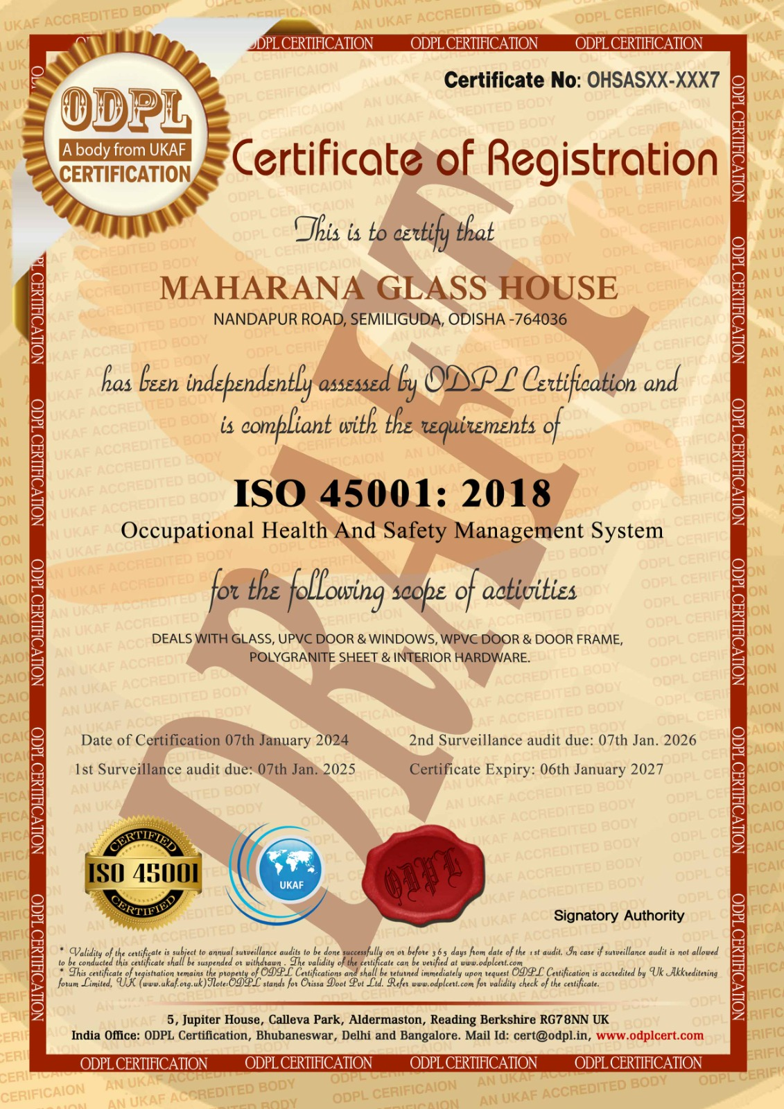 ISO 45001:2018 Occupational Health and Safety Management System Certificate